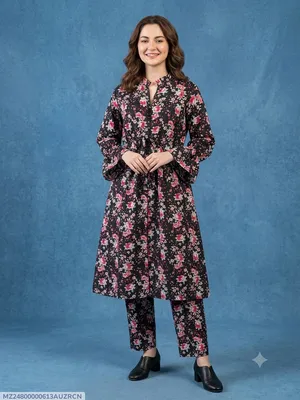2 Pcs Women's Stitched poly Cotton Printed Frock And Trouser