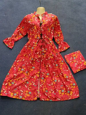2 Pcs Women's Stitched poly Cotton Printed Frock And Trouser thumbnail 2