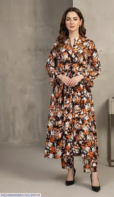 2 Pcs Women's Stitched poly Cotton Printed Frock And Trouser