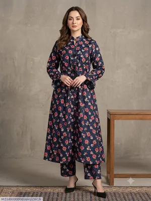 2 Pcs Women's Stitched poly Cotton Printed Frock And Trouser