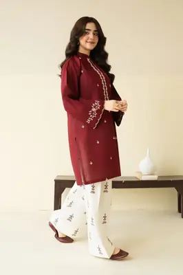 2 Pcs Women's Stitched Cotton Lawn Embroidered Shirt And Trouser thumbnail 2