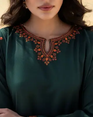 2 Pcs Women's Stitched Cotton Lawn green pocket style Embroidered Shirt And Trouser thumbnail 3