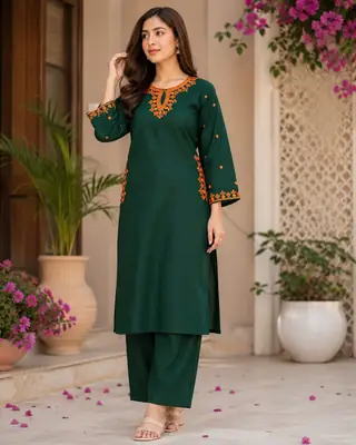 2 Pcs Women's Stitched Cotton Lawn green pocket style Embroidered Shirt And Trouser thumbnail 5