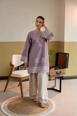 Moon Light 2 Pcs Women's Stitched Linen Embroidered Shirt And Trouser