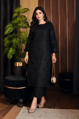 Black Boring2 Pcs Women's Stitched Cotton Embroidered Shirt And Trouser