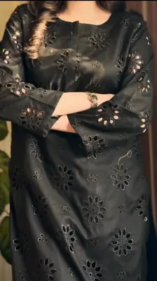 Black Boring2 Pcs Women's Stitched Cotton Embroidered Shirt And Trouser thumbnail 5