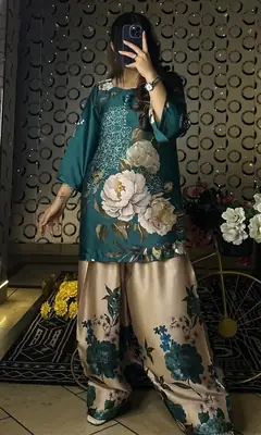  2 Pcs Women's Stitched Silk Printed Shirt And shalwar