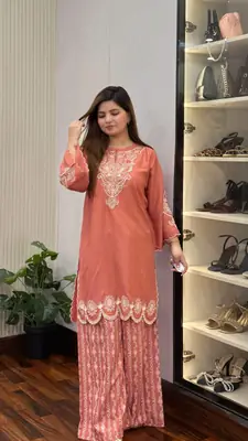 2 Pcs Women's Stitched Linen Embroidered Shirt And Trouser