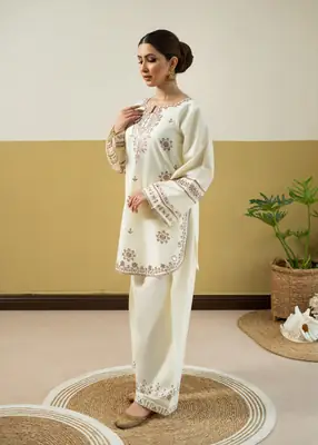 2 Pcs Women's Stitched Linen Embroidered Shirt And Trouser