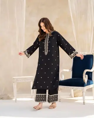 2 Pcs Women's Stitched Cotton Embroidered Shirt And Trouser