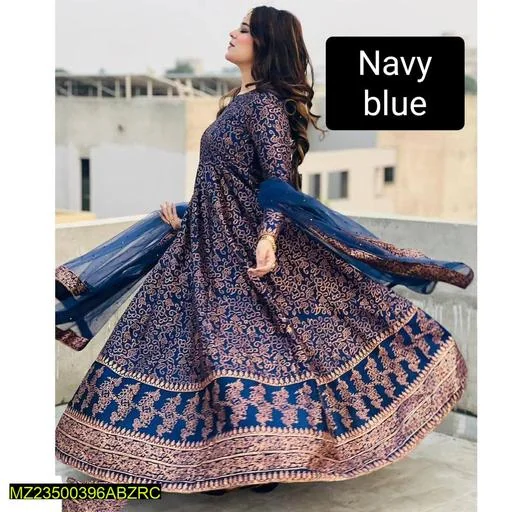 Navy Blue Katan Silk Printed Women Maxi Set