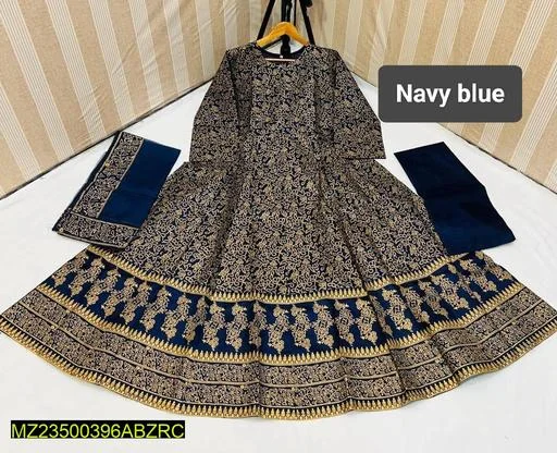 Navy Blue Katan Silk Printed Women Maxi Set thumbnail 4