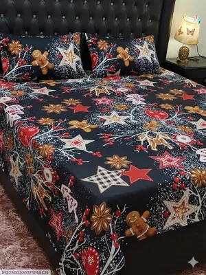 Cotton Printed Bedsheet Set Black Double Bed 3 Pcs thumbnail 1