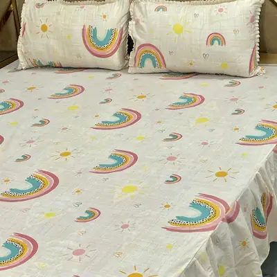 3 Pcs Cotton Printed Double Bedsheet