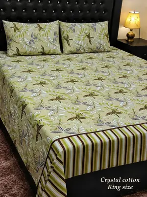 3 Pcs Cotton Printed Double Bedsheet