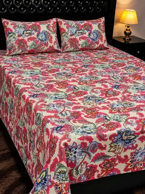 3 Pcs Cotton Printed Double Bedsheet