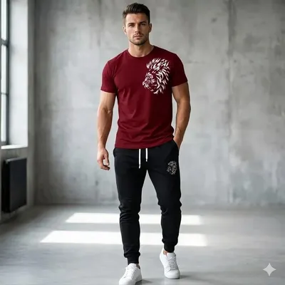 Men Maroon Lion Print Track Suit 2Pcs Polyester thumbnail 2