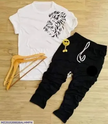 Men White Lion Print Track Suit 2Pcs XL thumbnail 1