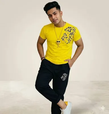 Men Yellow Lion Printed Track Suit 2Pcs Polyester Summer thumbnail 2