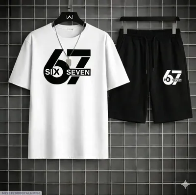 Men Printed 67 Seven Track Suit White Black Shorts