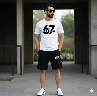 Men Printed 67 Seven Track Suit White Black Shorts thumbnail 2