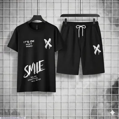 Men Black Printed Track Suit 2Pcs Polyester Summer