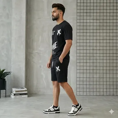 Men Black Printed Track Suit 2Pcs Polyester Summer thumbnail 3