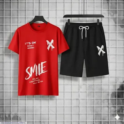 Men Printed Red Track Suit 2Pcs Polyester Summer thumbnail 1