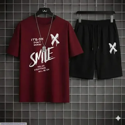 Men Maroon Printed Track Suit 2Pcs Polyester Summer thumbnail 1