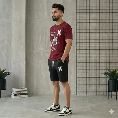 Men Maroon Printed Track Suit 2Pcs Polyester Summer thumbnail 2
