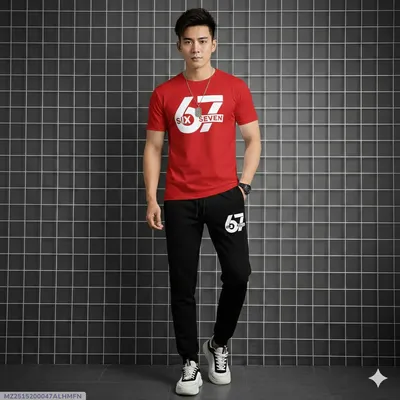 Men Red Printed Track Suit 2Pcs Polyester Summer thumbnail 1