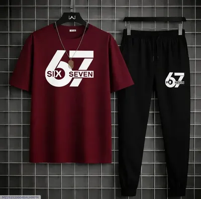Men Maroon Printed 2Pcs Track Suit Polyester Summer thumbnail 1
