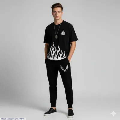 Men Black Flame Printed Track Suit 28"