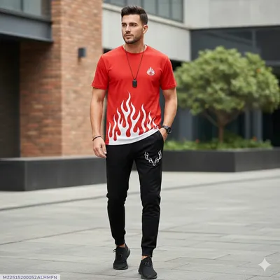 Men Red Flame Print Track Suit 2Pcs XL