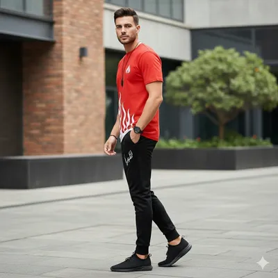 Men Red Flame Print Track Suit 2Pcs XL thumbnail 2