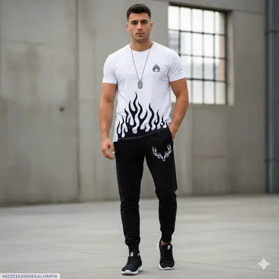 Men White Flame Print Track Suit 28" thumbnail 1