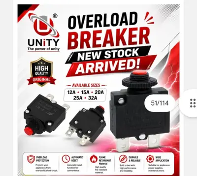 Unity 15A Circuit Breaker Current Overload Protector Switch 3A to 15A Load Ampere Limit System Over Load Protection For Any Home appliances AC 160v 220v 280v and DC 12V 24v 30V