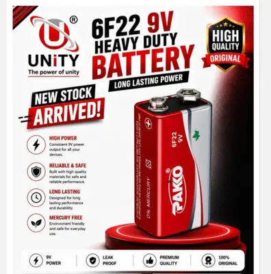 Unity 9v Battery Cell - 6F22 Size - Super Heavy Duty pakko