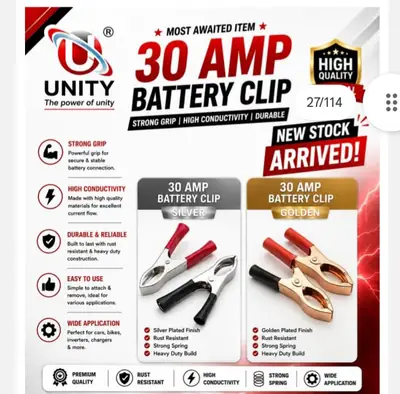 Unity Battery Clamps, 30 AMP, Copper Clad Insulated Battery Clips, Color Code, Red & Black Jacketed Handle