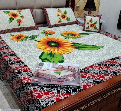 Crystal Cotton 3D Sunflower Bedsheet Set Double Bed Red
