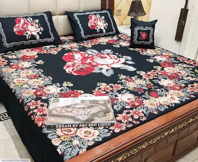 Crystal Cotton Printed Double Bedsheet Set Blue 4 Pcs