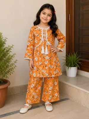 2 Pcs Girl's Stitched Cotton Printed Frock