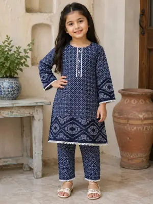 2 Pcs Girl's Stitched Linen Printed Kurta