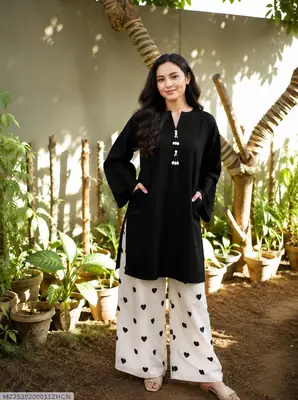 2 Pcs Women's Stitched Cotton Plain Shirt And Trouser