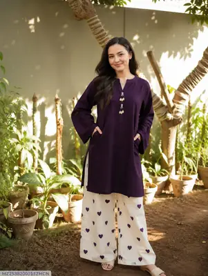 2 Pcs Women's Stitched Cotton Plain Shirt And Trouser