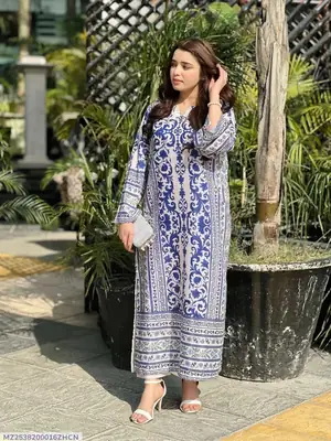 2 Pcs Women's Stitched Arabic Lawn Printed Shirt And Trouser