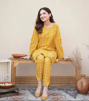 2 Pcs Women's Stitched Linen Block Printed Shirt And Trouser