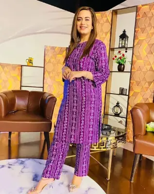 2 Pcs Women's Stitched Linen Block Printed Shirt And Trouser
