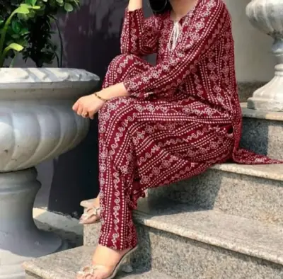 2 Pcs Women's Stitched Linen Block Printed Shirt And Trouser
