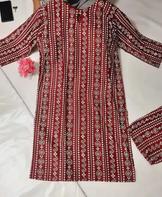 2 Pcs Women's Stitched Linen Block Printed Shirt And Trouser thumbnail 2